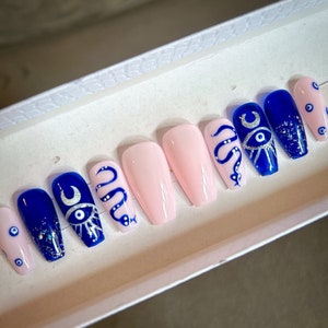Evil eyes press on nails coffin, snake fake or false nails, handmade and reusable glue on nails, ready to ship