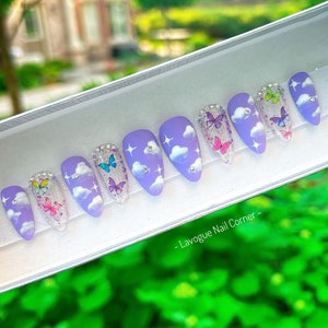 Butterfly and cloud Press on Nails for short almond| Purple glue on nails or false nails, luxury nails ready to ship, Matte finish