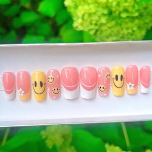 Smiley happy face Press on nails square, French tip false or fake nails with big smile, flower glue or stick on nails made for order