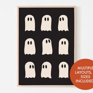 Uroczy wzór ducha na arkuszu - sezonowy wydruk sztuki jesiennej na Halloween - minimalistyczny nowoczesny cyfrowy do pobrania - portret, krajobraz i kwadrat