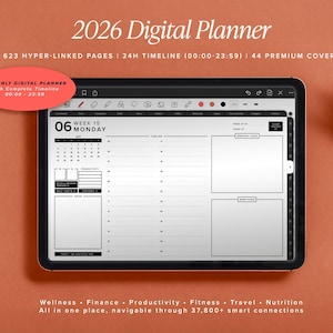 Può includere: Un planner digitale su un tablet mostra un layout settimanale con un calendario e sezioni per note e attività. Lo schermo mostra il testo "2026 Digital Planner" e "24H Timeline". L'immagine è su uno sfondo terracotta.