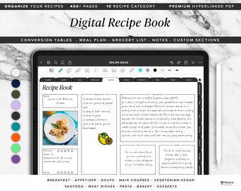 Digital Recipe Book for GoodNotes, Notability | Digital Cookbook Planner | iPad Recipe Organizer with Weekly Meal Planner and Grocery List