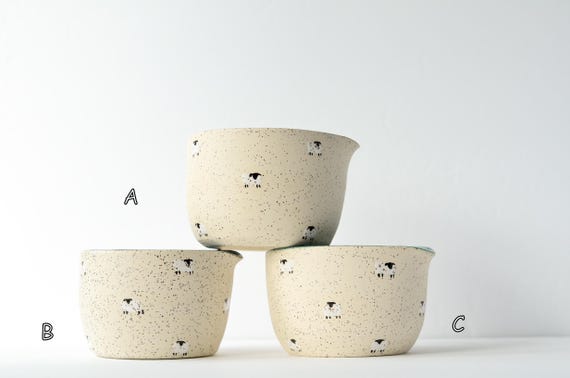 Handmade Speckled Clay Matcha Bowl | Sheep Design, Colorado Pottery
