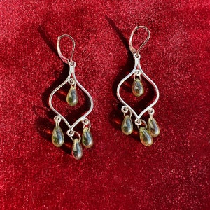 Green Glass Dangle Earrings, Silver Droplet Earrings, Teardrop Earrings