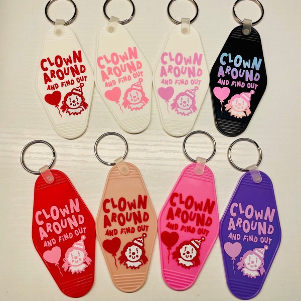 Valentines theme Clown Around and Find Out | Hotel Motel Keychain | Clown Core | Retro Style | Clown Aesthetic | Clown Design | Spooky Shop