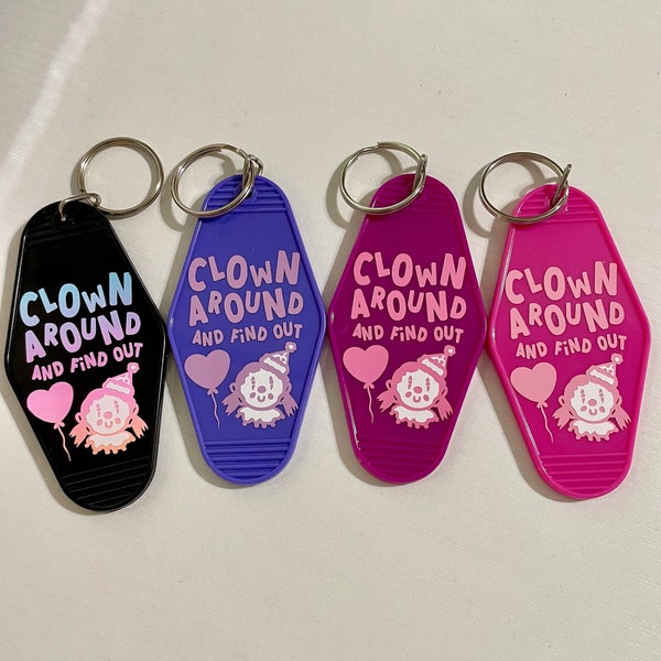 Valentines theme Clown Around and Find Out | Hotel Motel Keychain | Clown Core | Retro Style | Clown Aesthetic | Clown Design | Spooky Shop