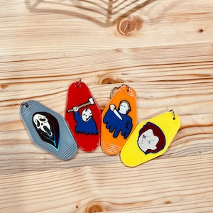 On My Way To Watch Horror Movies Keychain | Hotel Motel Keychain | Halloween | Spooky Season | Retro Style | horror scary movie characters