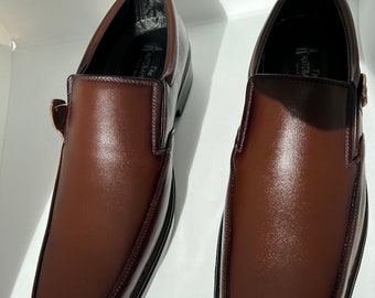 Men's brown leather slip-on handmade dress business office party smart men shoes