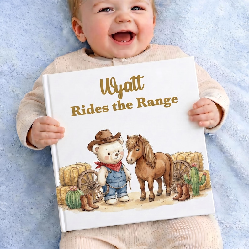Libro vaquero personalizado para niños, libro de cuentos personalizado para niños pequeños, recuerdo con nombre del Oeste, regalo de guardería con temática de ponis de rancho, regalo de primer cumpleaños imagen 1