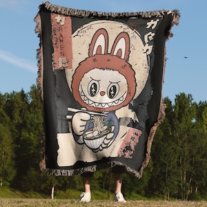Labubu Woven Blanket, Funny Labubu Tapestry, Pop Mart Fan, Top Kawaii Labubu Inspired Throw Gift For Labubu Fans, Harajuku Style Animal Gift