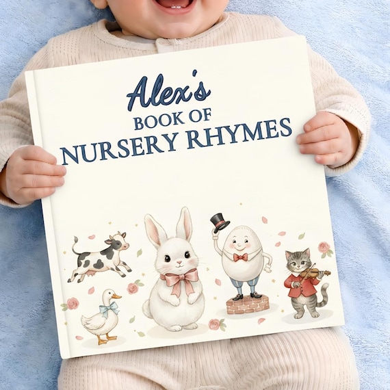 A personalized nursery rhymes children's book — watercolor cover with a small white bunny and pastel illustrations