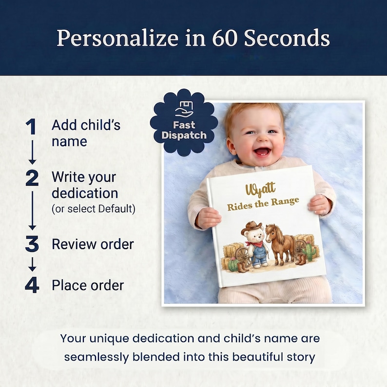 Libro vaquero personalizado para niños, libro de cuentos personalizado para niños pequeños, recuerdo con nombre del Oeste, regalo de guardería con temática de ponis de rancho, regalo de primer cumpleaños imagen 11