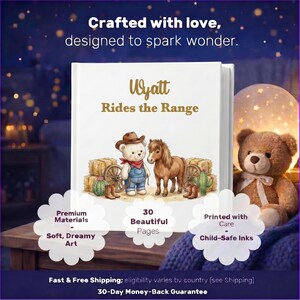 Libro vaquero personalizado para niños, libro de cuentos personalizado para niños pequeños, recuerdo con nombre del Oeste, regalo de guardería con temática de ponis de rancho, regalo de primer cumpleaños imagen 4