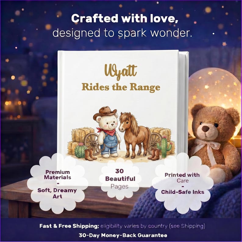 Libro vaquero personalizado para niños, libro de cuentos personalizado para niños pequeños, recuerdo con nombre del Oeste, regalo de guardería con temática de ponis de rancho, regalo de primer cumpleaños imagen 4