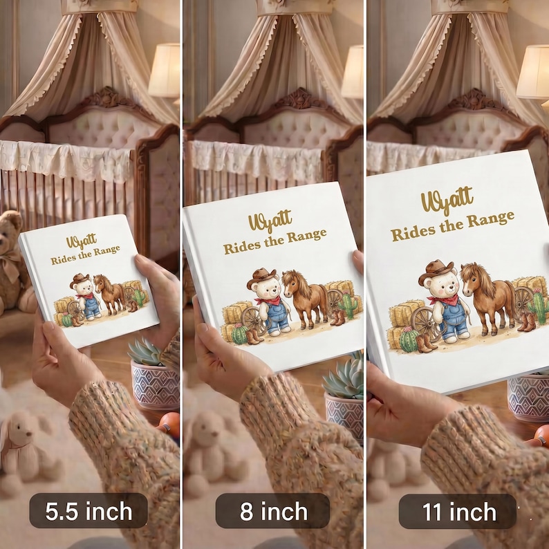 Libro vaquero personalizado para niños, libro de cuentos personalizado para niños pequeños, recuerdo con nombre del Oeste, regalo de guardería con temática de ponis de rancho, regalo de primer cumpleaños imagen 10