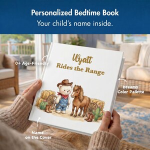 Libro vaquero personalizado para niños, libro de cuentos personalizado para niños pequeños, recuerdo con nombre del Oeste, regalo de guardería con temática de ponis de rancho, regalo de primer cumpleaños imagen 3