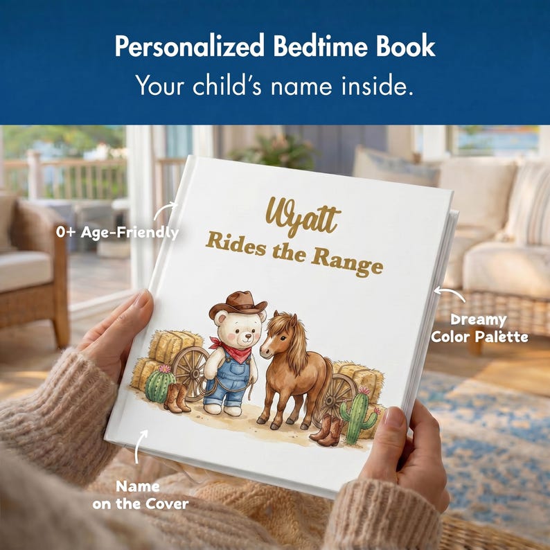 Libro vaquero personalizado para niños, libro de cuentos personalizado para niños pequeños, recuerdo con nombre del Oeste, regalo de guardería con temática de ponis de rancho, regalo de primer cumpleaños imagen 3