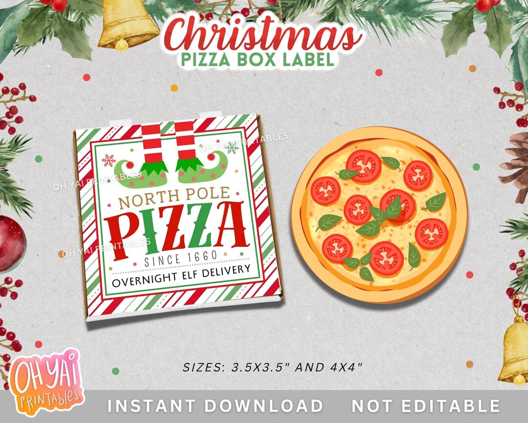 North Pole Pizza Box Label, Christmas Pizza Box Label, Pizza Cookie Box