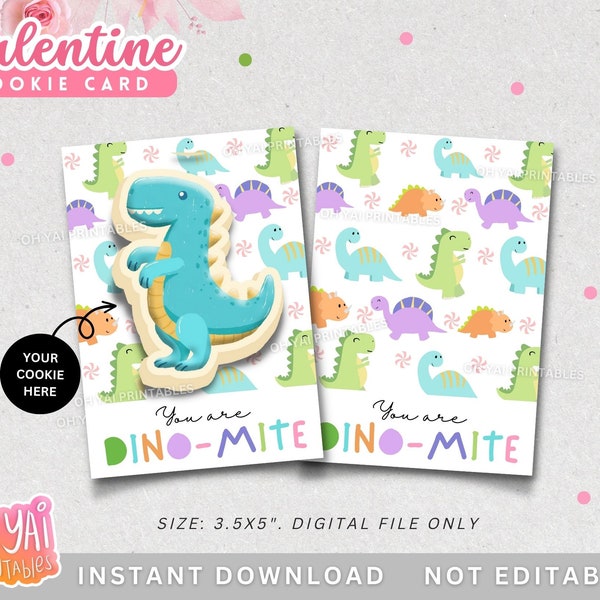 Valentine Cookie Card, Dinosaur Cookie Card, Happy Valentine's Day Cookie Card, Printable Mini Cookie Card, You are Dino-mite Cookie Card