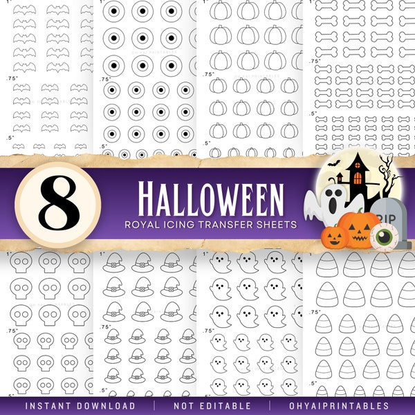 Halloween Royal Icing Abziehbilder, Set von 8, Royal Icing Vorlagen, druckbare RI Abziehbilder, Plätzchen Dekorieren Abziehbilder