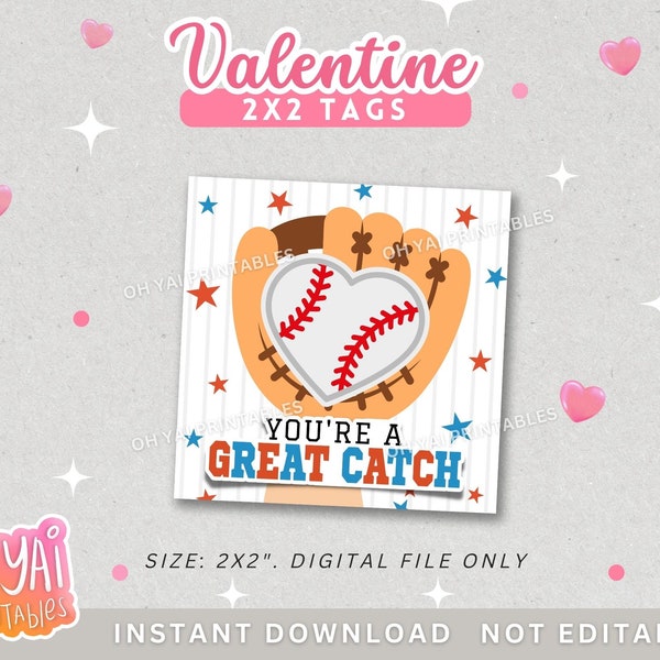 Valentine Tag, You're a great Catch Tag, Printable Valentine's Day Tag, Valentine's Day Favor Tag, Baseball Tag