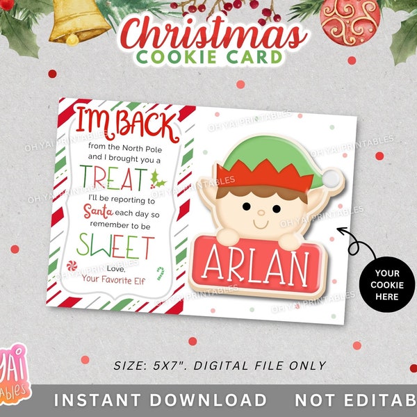 Christmas Cookie Card, Elf Cookie Card, 5x7 Christmas Cookie Card, I'm Back Card, Elf Letter Cookie Backer, Cookie Box Backer