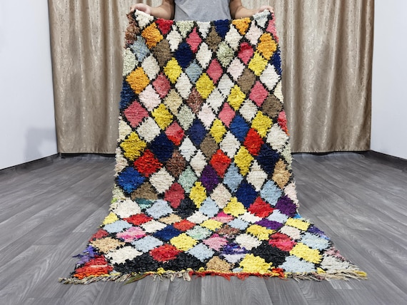 Gorgeous Handmade Moroccan Bohemian Shag Rug - Colorful Boucherouite Rug - Old Boucherouite Rug 3.3x5.9 FT ( 100 X 181 Cm) .