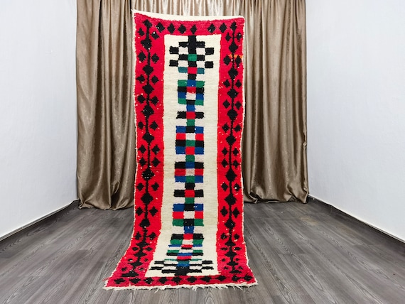 Hand-Knotted Wool Boujaad Runner Rug: 2.8x8.4 Ft, Red & White Moroccan Berber Style