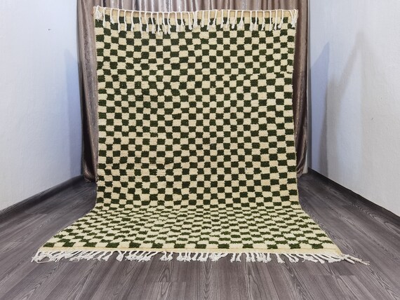 Green And White Checkered Rug - Moroccan Berber Checkered Rug - Checkerboard Rug - Soft Colored Rug - Green Moroccan Rug - Beni Ourain Rug