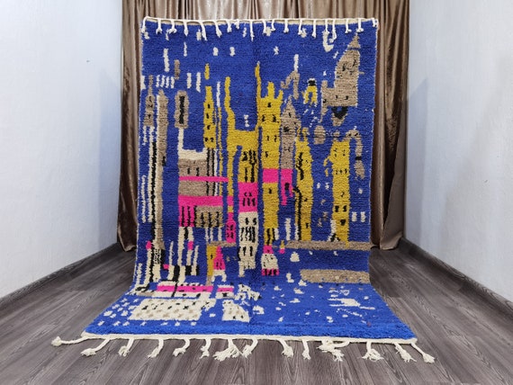 Royal Blue Rug, Amazing Beni Ourain Rug, Abstract Rug, Moroccan Rug Blue , Beni Ourain Blue Rug, Custom Rug, Abstract Multicolored Carpet