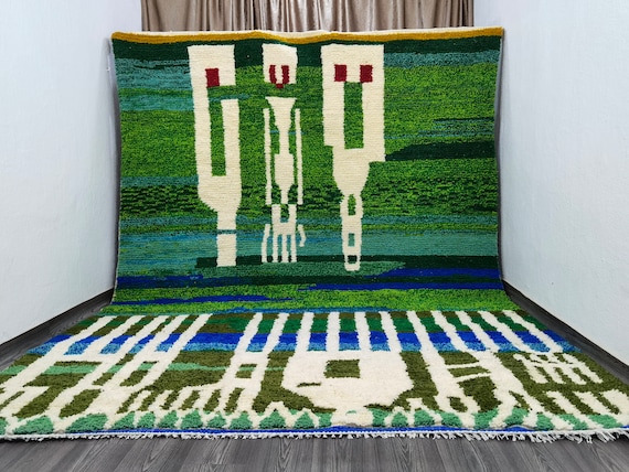 Gorgeous Beni Ourain Rug - Multi Green Blue white net - Beni ourain rug - Mrirt rug - Custom Green Rug for Living Room - Area Rug Green Blue