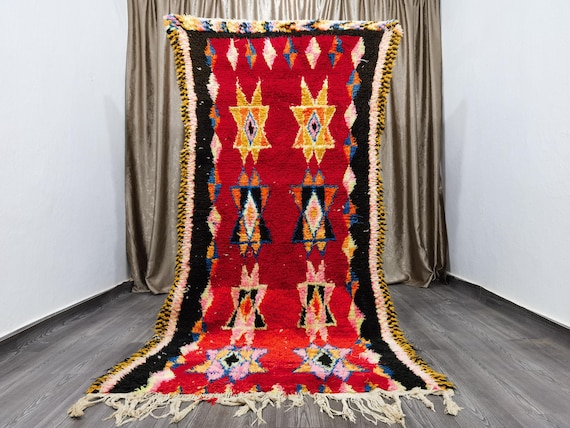 4x8.2 ft, Vintage Moroccan Rug, berber carpet, Boujaad Stunning Rug,  Beni Ourain Red Orange, azilal rug, bohemian rug, antique morocco rug