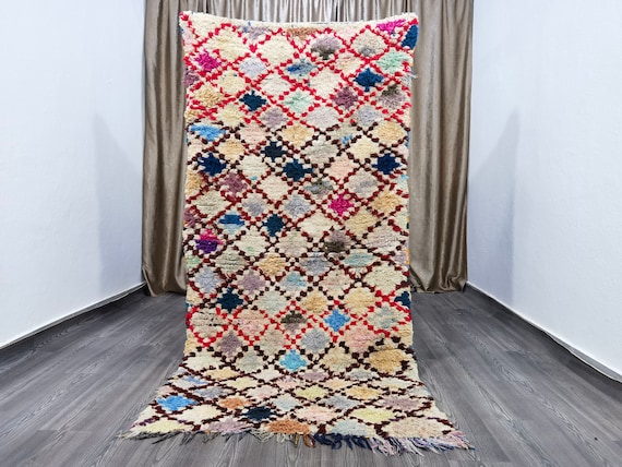 Vintage Moroccan Shag Rug - 3.6x7.5 ft, Hand-Knotted Cotton Carpet