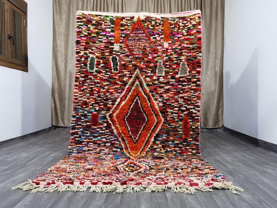 Orange Beniourain Carpet, Orange Unique Geometric Rug, Personalized Moroccan Design, Authentic Beni Ourain Rug, Boujaad Rug Living Room 8x10