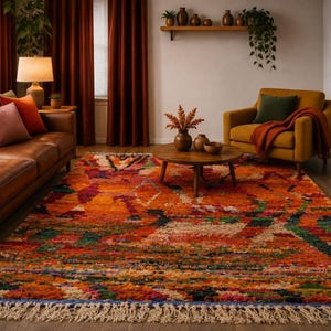 May include: A rectangular area rug featuring a vibrant, multi-colored geometric pattern with dominant shades of orange, red, and deep green. The rug has a textured, woven appearance and is finished with long, cream-colored fringe along the short edges.