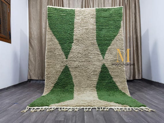 Unique Moroccan Green Rug - Green And Beige Rug - Handmade Morrocan Rug, Authentic Berber Rug, Bohemian Style Rug For Living Room