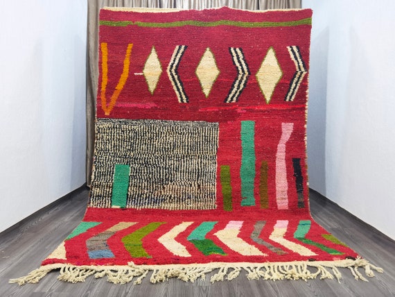 Handmade Moroccan Wool Rug: Custom Fabulous Boujad, Azilal, & Abstract Red Multicolored Bohemian Carpet