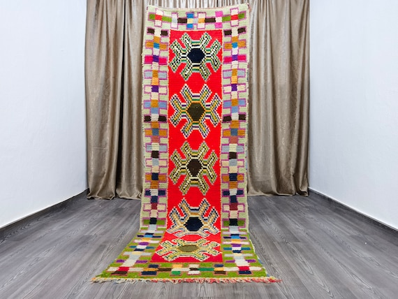 Hand-Knotted Moroccan Runner Rug: Colorful Berber Wool Carpet (8.7 x 2.75 ft)