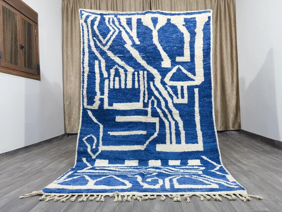 Beni Ourain Rug - Moroccan Blue Rug - Custom Bohemian Rugs - Wool Rug Blue - Quality Handmade Morrocan Rug -Personalize Gifts For Home Decor
