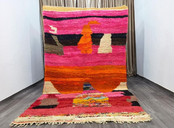 Handmade Berber Wool Rug: Orange, Pink Bohemian Moroccan Rug
