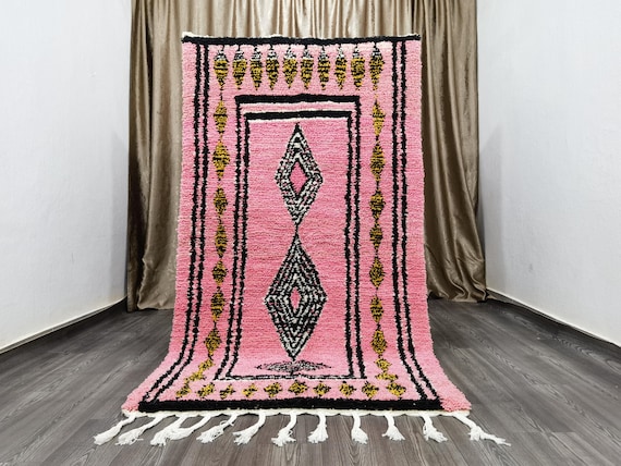 Pink Moroccan Rug - Handmade Multicolored Rug - Handmade Wool Rug - Quality Handmade Morrocan Rug - Bohemian Style Rug For Living Roo