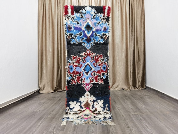Amazing Moroccan Black Runner Rugs - Blue boujaad Runner Rug - Berber Runner Carpet-  Boujad Runner Rug 2.2x6.4 ft ( 196 x 67 cm) .