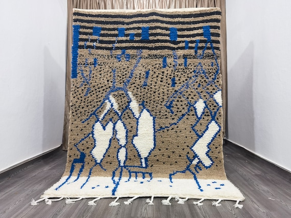 Gorgeous Beni Ourain Rug- Blue And Beige Rug- Emerald Blue Rug- Woven Rug-Colorful Rug- Green Wool Beniourain Carpet - Unique Geometric Rug