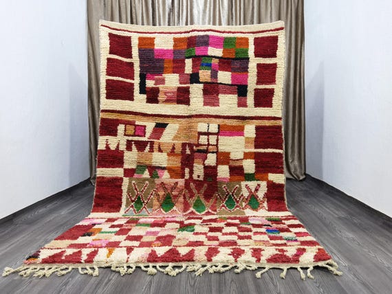 Handmade Multicolored Boujad Rug: Mid-Century Modern Moroccan Decor