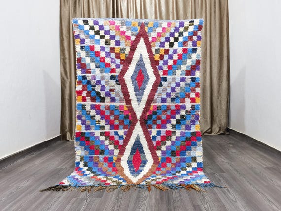 Gorgeous Moroccan Blue Rug - Colorful Boucherouite Rug - Moroccan Bohemian Shag Rug - Old Boucherouite Rug 4x5.9 FT ( 120 X 180 Cm) .