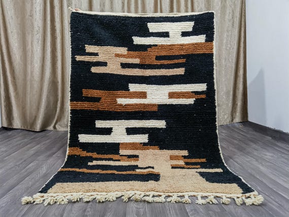MOROCCAN BLACK RUG , Handmade Rug, Authentic Berber Rug, Bohemian Style Rug For Living Room .