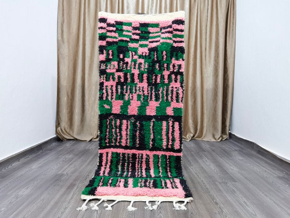 Green Moroccan Wool Runner Rug , Shaggy Wool Rug, Berber Runner Rug, Pink Shaggy Rug, berber Colorful Pink Rug, Home Decor Gifts For Her
