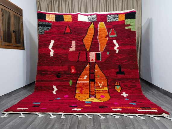 Red Moroccan Rug: Handwoven Boujad Wool, Abstract Bohemian Carpet