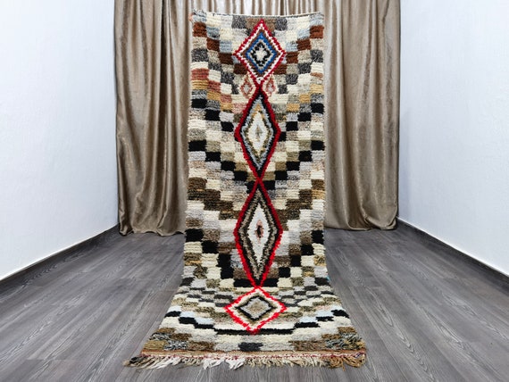 Checkered Runner Rug - Kitchen Rug Runner - Berber Runner Carpet - Colorful Rug - Authentic Boujaad Runner Rug - Moroccan Rug Runner