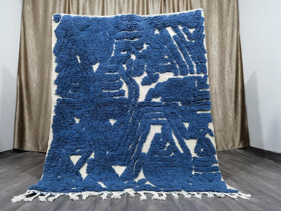 MOROCCAN BLACK BLUE , Beni Ourain Rug, Handmade Rug, Custom All Size Rug, Wool Blue Rug, White And Blue Rug, Moroccan Rug, Berber Rug .